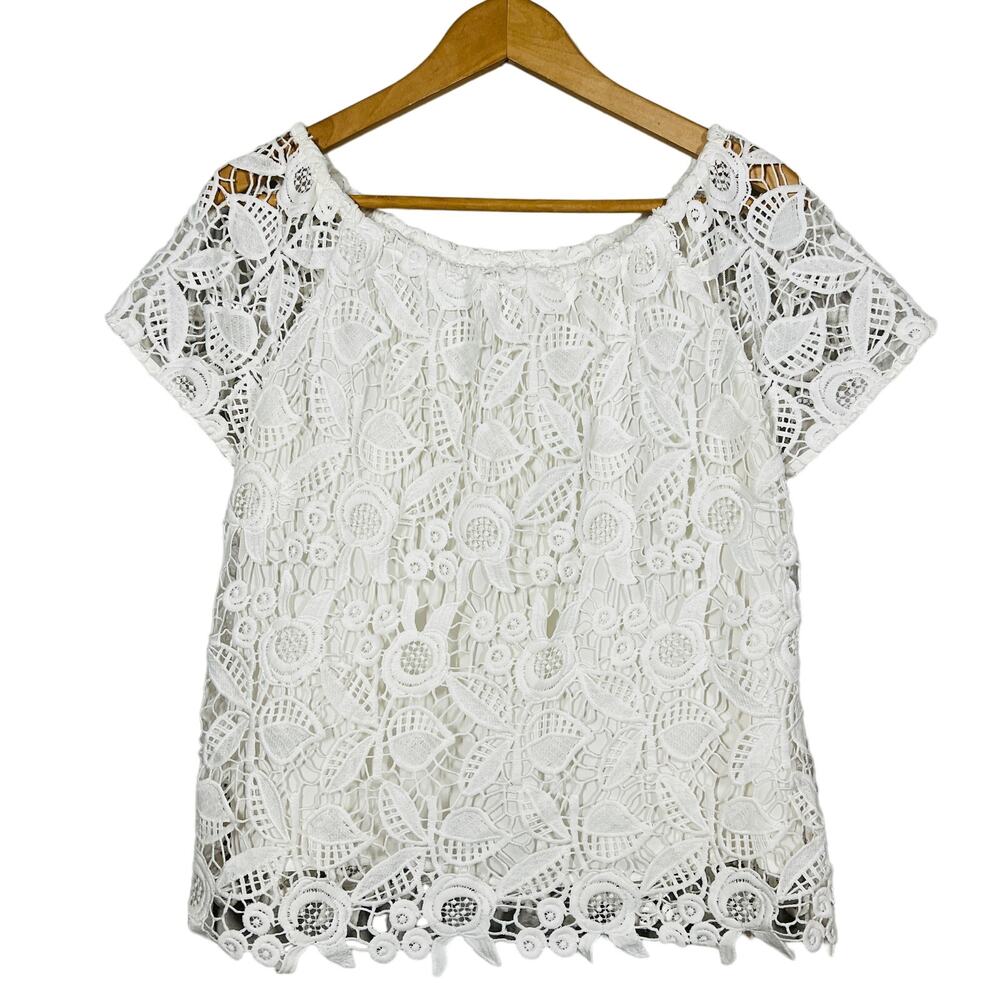 Wayf Crochet Off Shoulder Top Blouse Cap Sleeve Floral White - L